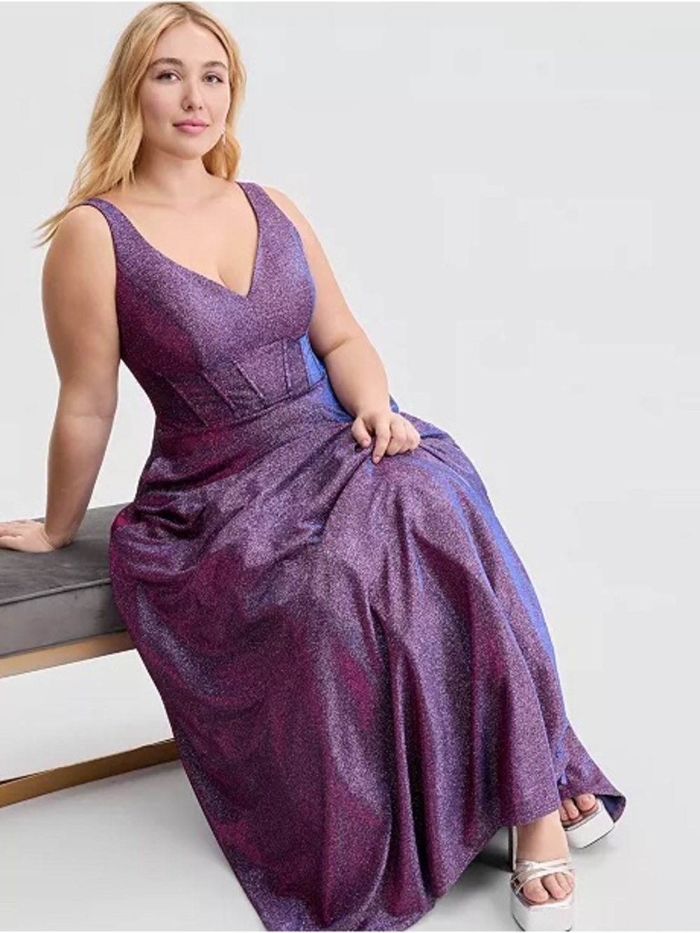 Macy’s City Studios Trendy Plus Size Glitter V-Neck Sleeveless Gown - Picture 4 of 8